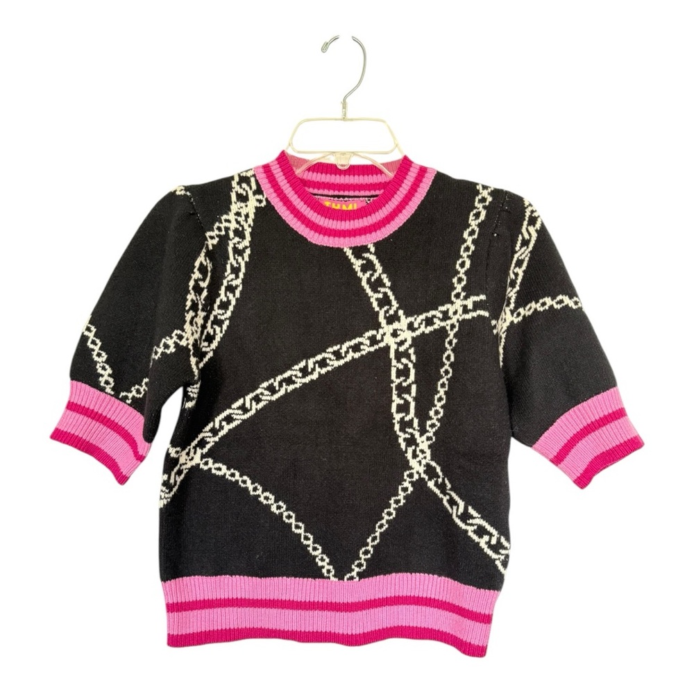 NWT THML Black & Pink Chain Print Short Sleeve Sweater Size M